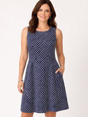 New York & Company XL Sleeveless A Line Dress Diamond Design Navy White NWT